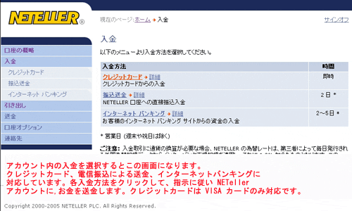 オンラインカジノ-クレジットカード代替決済機能 NETeller Deposit 選択画面