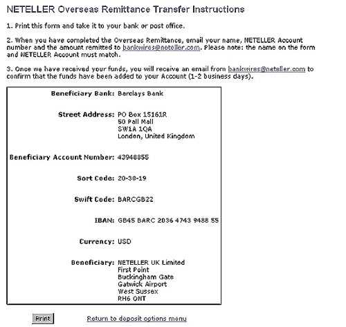 オンラインカジノ-クレジットカード代替決済機能 NETeller Bank Wire 記入画面